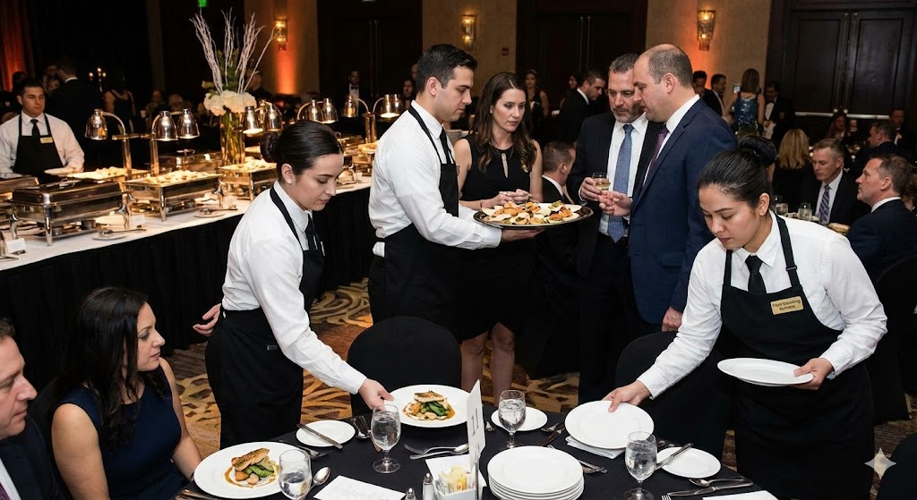 Waitstaff serving food at an event